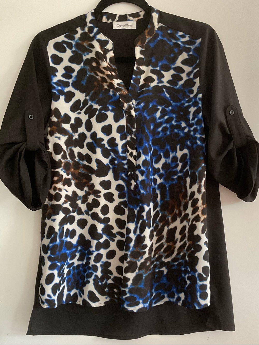 Calvin Klein Black, Blue & Brown Animal Print Roll-Tab Blouse